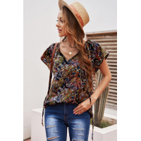 Multicolor V-neck Short Sleeve Fashion Print Fantasy Fluttering Blouse