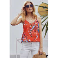 Orange Floral Print Button Up Tank Top