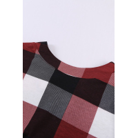 Red Contrast Plaid V Neck Long Sleeve Top