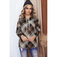 Gray Color Block Plaid Cowl Neck Long Sleeve Top