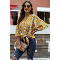 Yellow Floral Print Button Tie Top