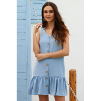 Blue Pocketed Button Tank Dress