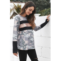 Sequin Highlight Camo Print Long Sleeve Top