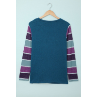 Blue Sequin Splicing Colorful Stripes Long Sleeve Top