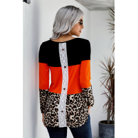 Orange Colorblock Leopard Triple Patchwork Long Sleeve Top