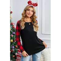 Sequined Pocket Plaid Raglan Black Top