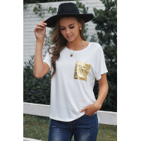 Sequin Pocket White Short Sleeve T-shirt