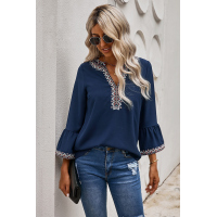 Blue Boho Floral V Neck Long Sleeve Casual Top