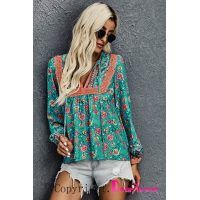 Green V Cut Neck Floral Lantern Sleeve Blouse