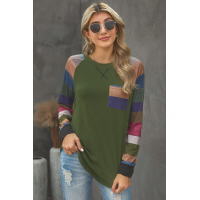 Green Color Block Striped Pocket Long Sleeve Top