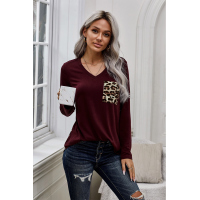 Burgundy Leopard Patch Pocket Long Sleeve Top