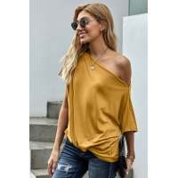 Yellow Off-The-Shoulder Slash Neck Casual Loose Fitting Top