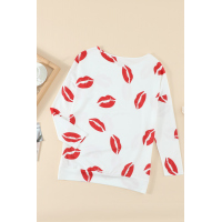 White Valentine’s Day Lip Prints Long Sleeve Top