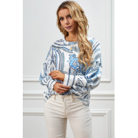 Sky Blue Crewneck Floral Printed Balloon Sleeves Blouse