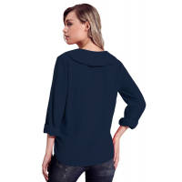 Royal Blue Lapel V Neck Roll Sleeve Blouse