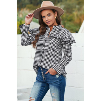 Black Plaid Button Ruffle Shirt