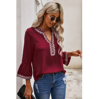 Red Boho Floral V Neck Long Sleeve Casual Top