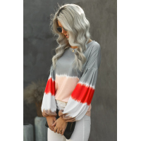 Gray Ombre Tie-dye Colorblock Lantern Sleeves Top