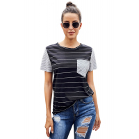 Black Striped Short Sleeve Contrast Color T-Shirt with Pocket