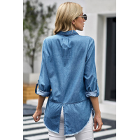 Roll up Long Sleeves Frayed Hem Denim Shirt