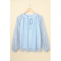 Sky Blue V Neck Lantern Sleeve Textured Solid Top