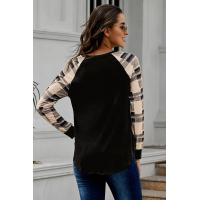 Monochrome Plaid Long Sleeves Black Pullover Top