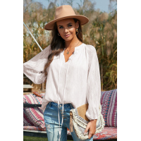 Beige V Neck Lantern Sleeve Textured Solid Top