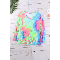 Green Tie-dye V Neck Long Sleeves Top