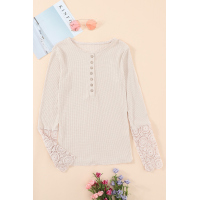 Beige Crochet Lace Hem Sleeve Button Top