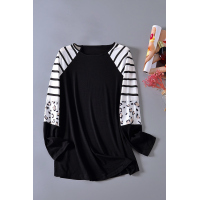 Black Striped Animal Print Colorblock Long Sleeve Top