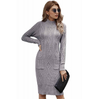 Gray High Neck Textured Bodycon Sweater Dress