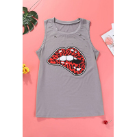 Leopard Lips Distressed Boyfriend Tank In Gray