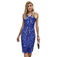 Blue Eyelash Lace Spaghetti Strap Midi Dress