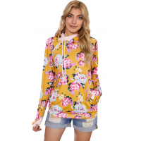  Yellow Cowl Neck Floral Print Hoodie with Striped Detail