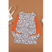 Orange Leopard Splicing Long Sleeve Top with Button Details