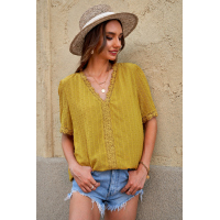 Yellow Lace Splicing V-Neck Swiss Dot Short Sleeve Top