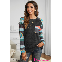 Gray Aztec Print Pocket Long Sleeve Top