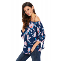 Navy Blue Floral Elastic Off Shoulder Top