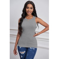 Solid Gray Round Neck Ribbed Tank Top