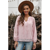 Pink V Neck Lantern Sleeve Textured Solid Top