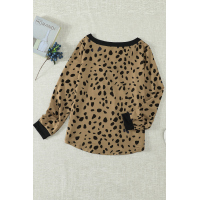 Spotted Print Khaki Long Sleeve Knit Top