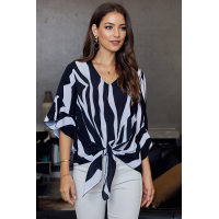 Black Vertical Stripes V Neck 3/4 Sleeve Blouse