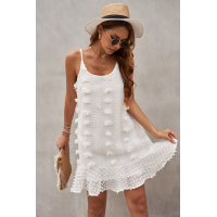 White Spaghetti Straps Jacquard Ruffle Mini Dress