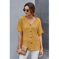 Yellow V Neck Button Front Crinkled Blouse