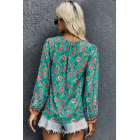 Green V Cut Neck Floral Lantern Sleeve Blouse