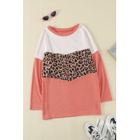 Red Leopard Print Stitching Color Block Long Sleeve Top