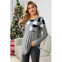 Black Buffalo Plaid Splicing Long Sleeve Top