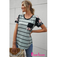 Gray Striped T-shirt with Patch Pocket