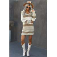 Beige Color Block Cable Knit Sweater Dress