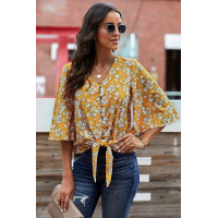 Yellow Floral Print Button Tie Top